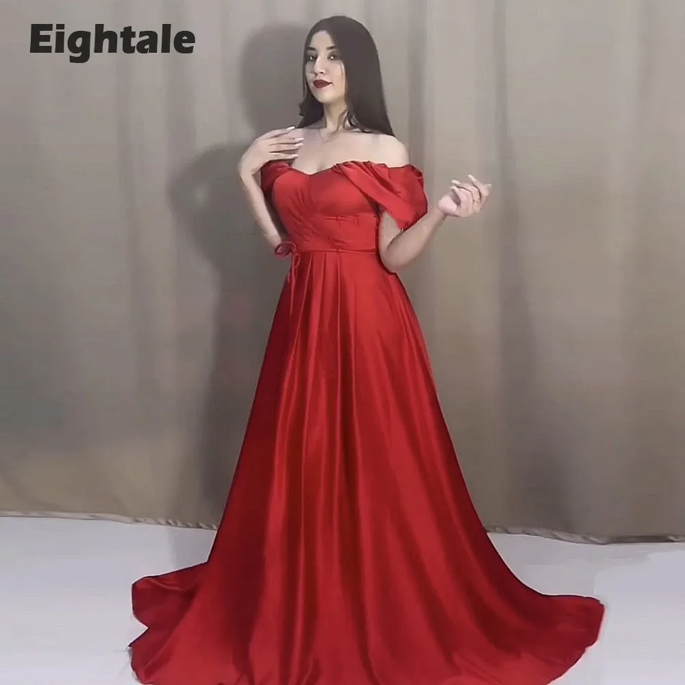 

Eightale Simple Evening Dress Satin off the Shoulder A-Line Arabic Prom Gown Backless Wedding Party Dress Vestidos De Noch