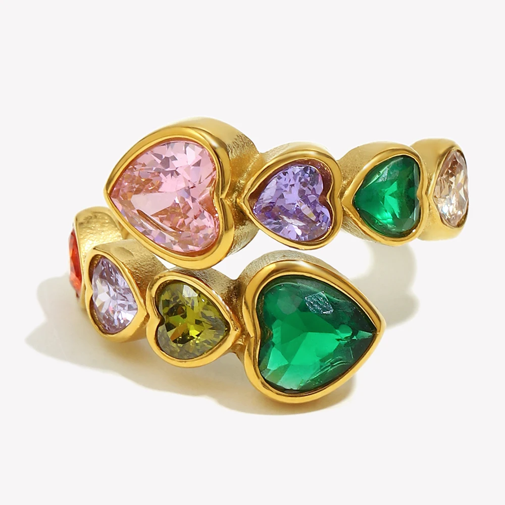 E.B.belle Open Heart Zircon Ring Colorful Hypoallergenic 316L Stainless Steel Decoration 18K Gold Plated Jewelry