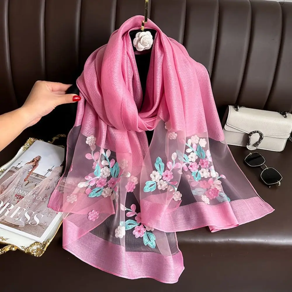 Elegant Soft Thin Luxury Silk Scarf Large Flower Embroidery Women Hijab Shawls Foulard Wraps Shiny Lace Scarf Headkerchief