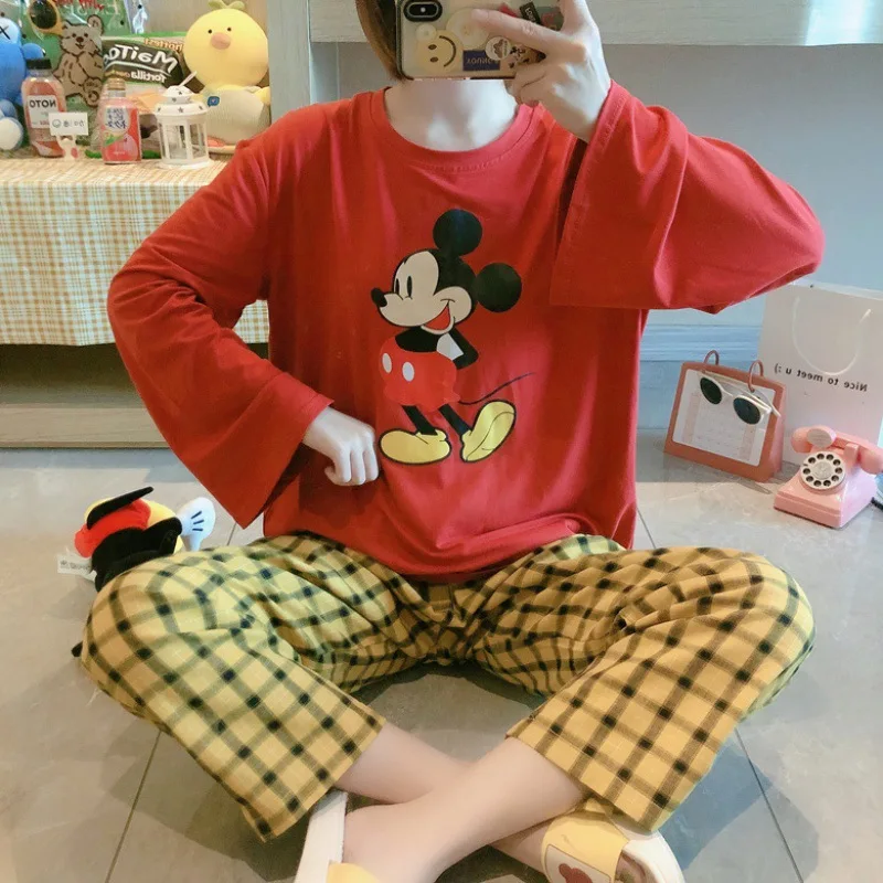 

Disney Cartoon Mickey Minnie Donald Duck Print Women's Pajamas Spring Autumn Long Sleeve Pants Plaid Thin Homewear Set Pajamas