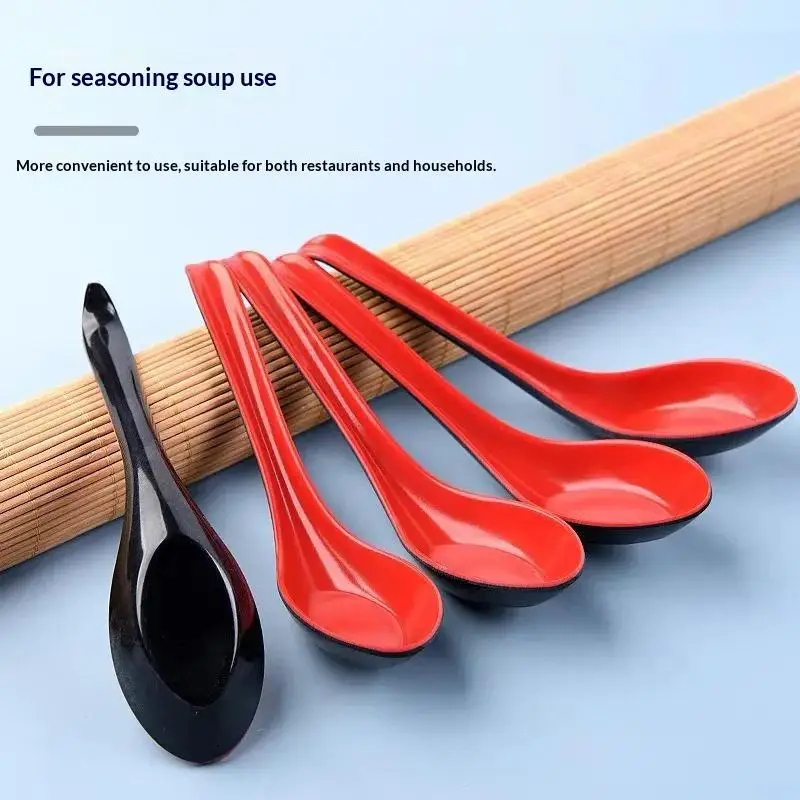 Cucharas japonesas para ramen con mango largo, resistentes a caídas, de melamina, color rojo y negro, para viajes portátiles, picnic, servir sopa, 2 uds.
