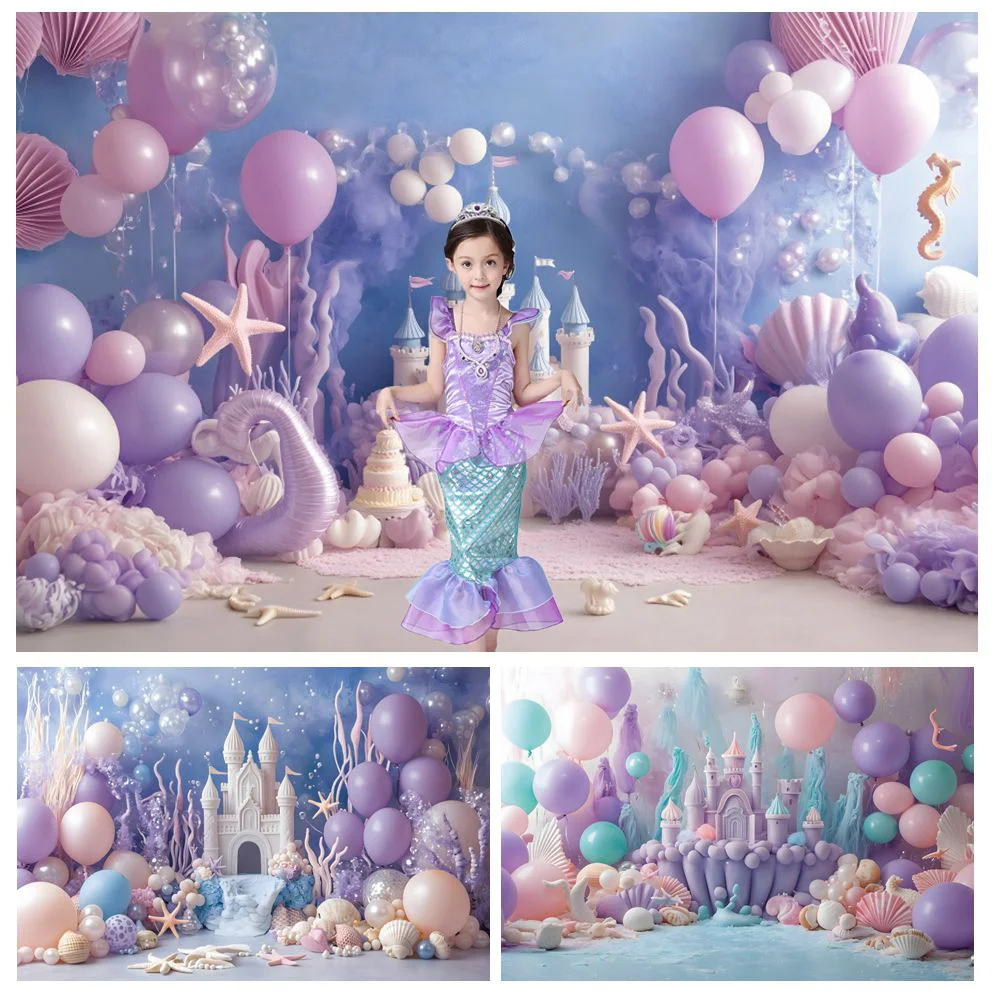 Mermaid Theme Party Photography Background Underwater World Castle Balloons Shell Baby Shower Kids Portrait Photocall Backdrop