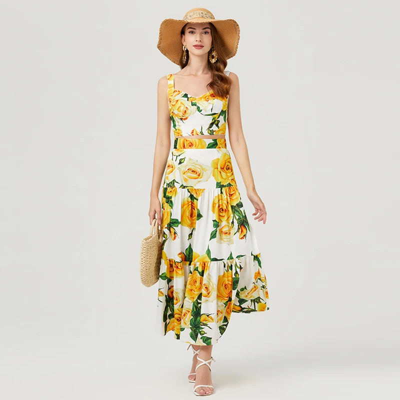 Summer Bohemian Runway Two Piece Set Women Flower Print Cup Padded Zipper Short Crop Top + Holiday Beach Maxi Skirt Suits 630