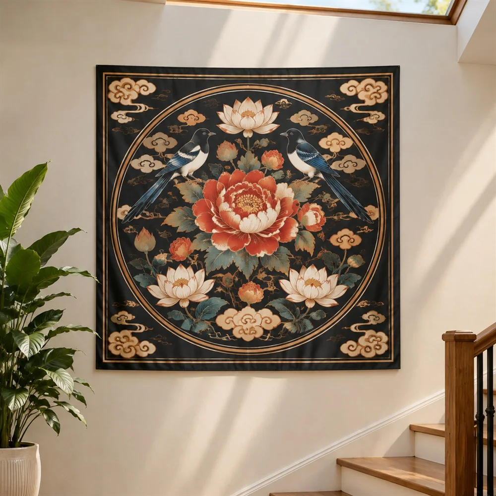 VIKAMA Korean Minhwa Folk Tapestry Wall Hanging, HD Print Washable Wall Art, Asian Decor for Living Room Bedroom Study Entryway