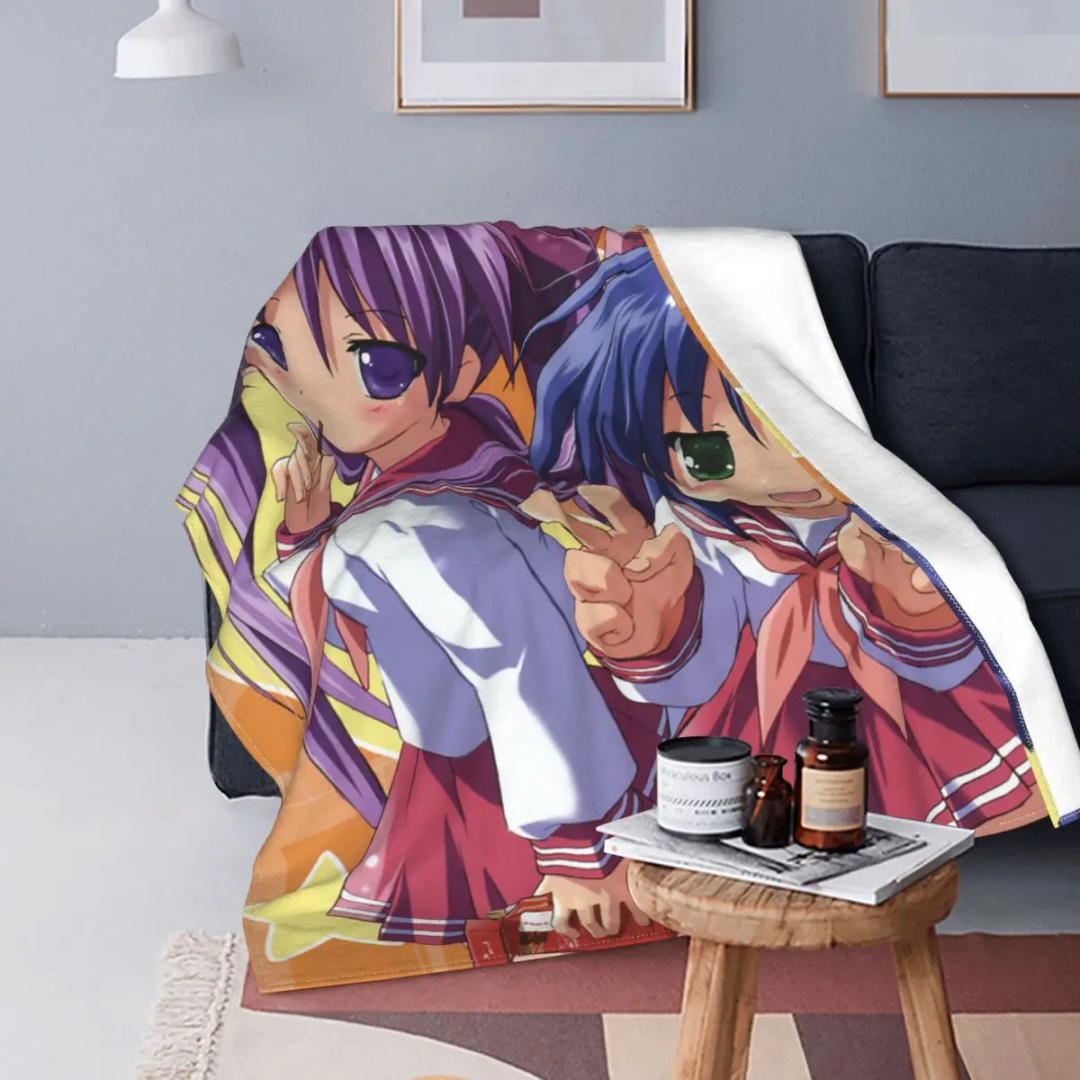 Lucky Star Anime Fleece Throw Blankets Konata Izumi Kagami Hiiragi Blanket for Home Travel Lightweight Thin Bedroom Quilt