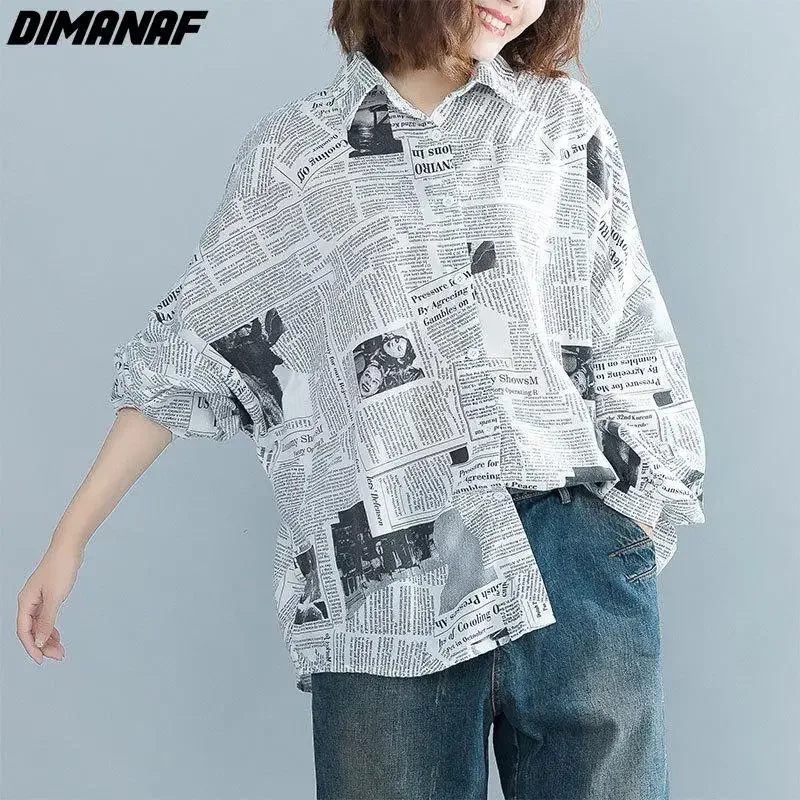 

DIMANAF 2024 Plus Size Women Casual Shirts Newspaper Print Thin Button Cardigan Summer Long Sleeves Oversize Tops Cotton