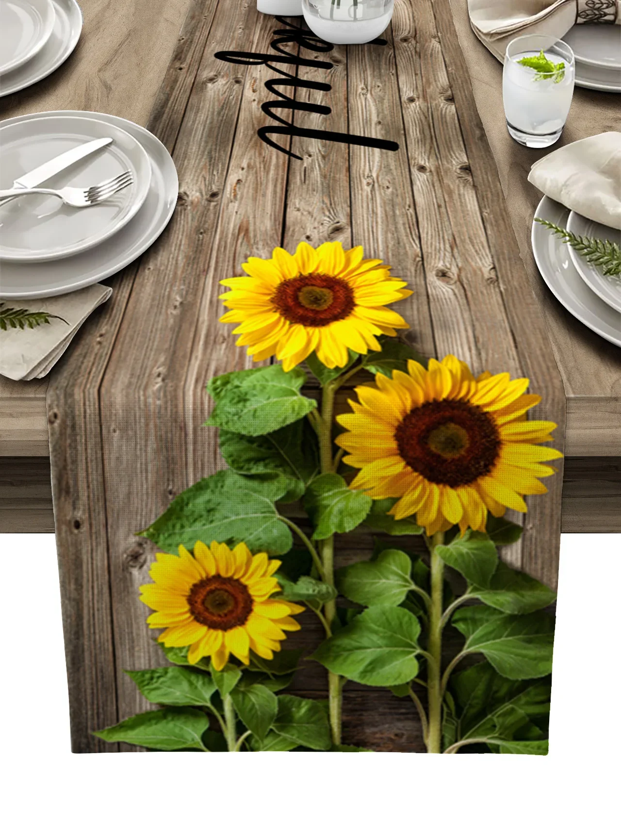 Spring Sunflower Wood Grain Retro Linen Table Runners Holiday Party Wedding Decor Table Flag Kitchen Accessories Home Decoration