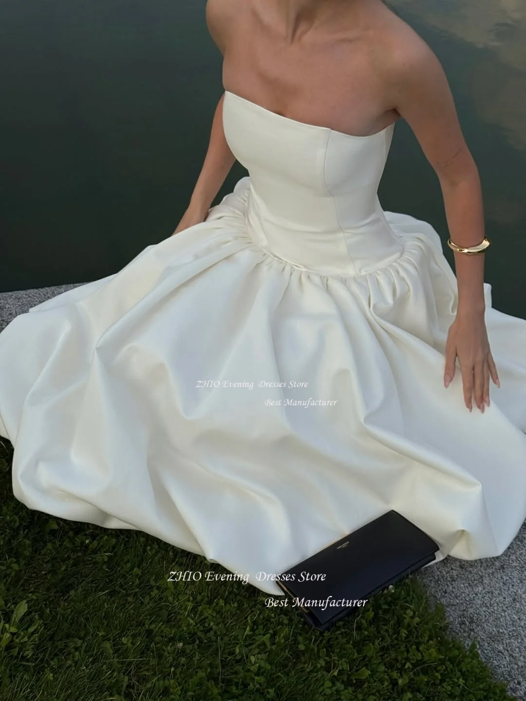 ZHIO فستان زفاف بسيط من الساتان الأبيض بدون حمالات بطول الكاحل زي العرائس مخصص بدون أكمام طيات فستان حفلات الزفاف