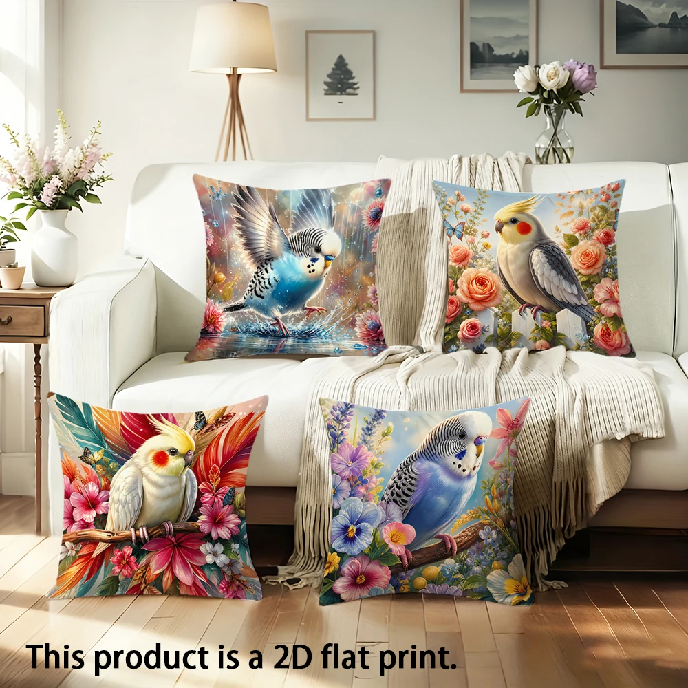 1pc  Cute Parrot Print Throw Pillow Covers, Floral Bird Square Cushion Cases for Home Decor