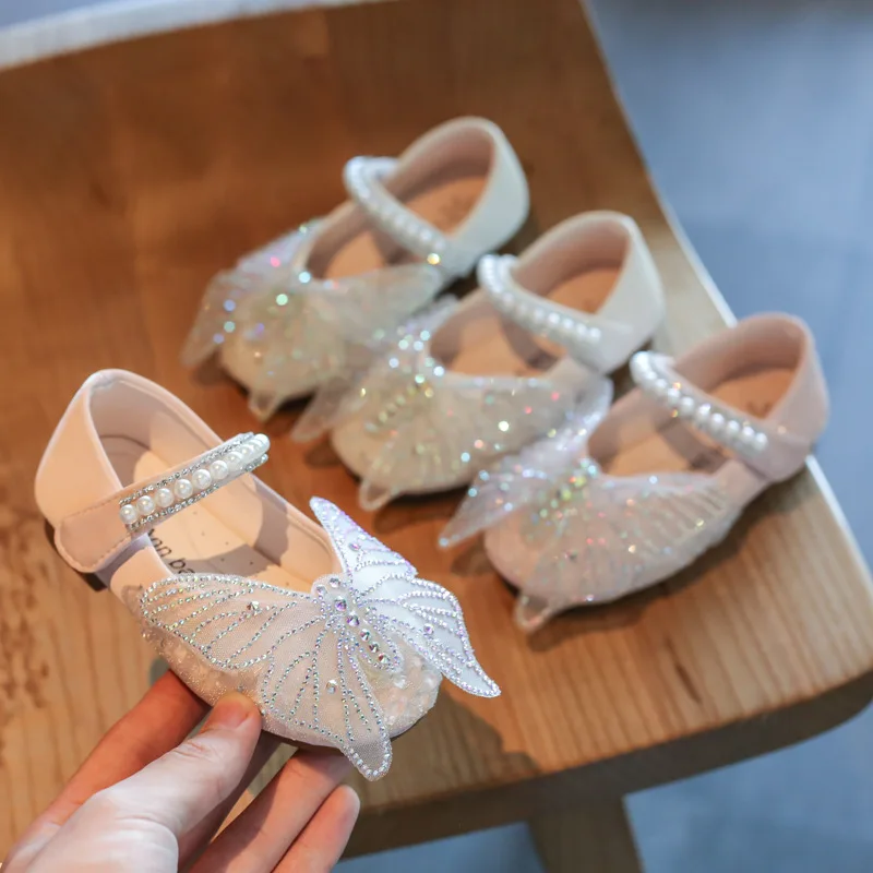 Girls Butterfly Shoes 2023 New Fashion Autumn Girls Bling Princess Shoes String Bead Dance Shoes Child Anti-slip Flats D640