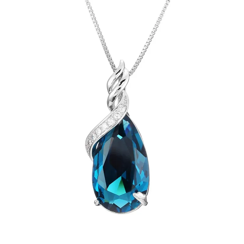 

Fashion Big Blue Crystal Water Drop Pendant Necklace Romantic Style Silver Color Chain Jewelry for Women Female Choker