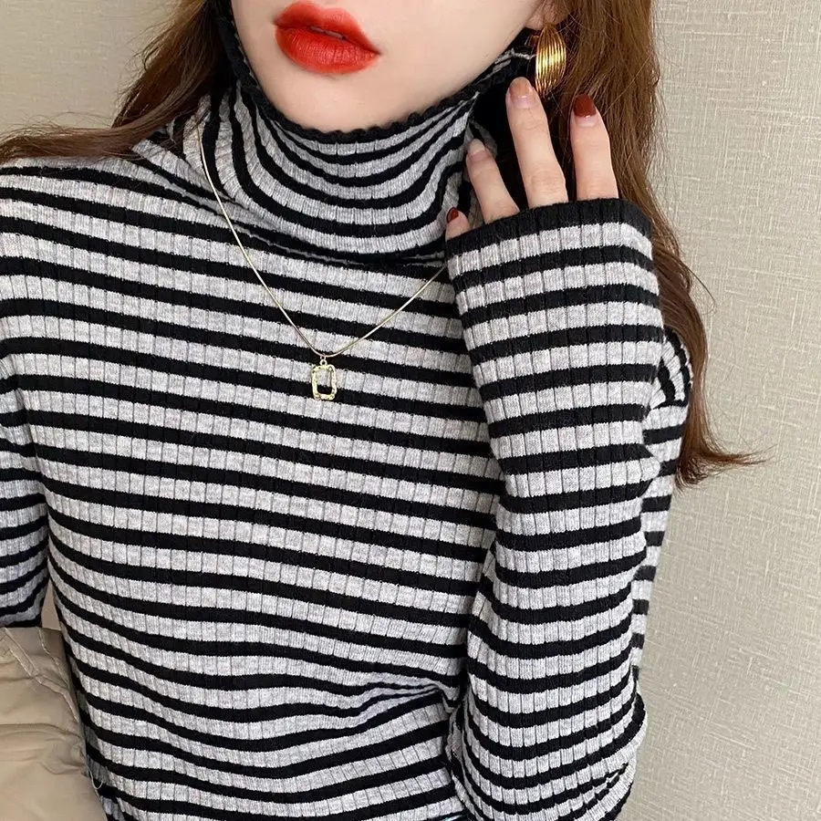 Autumn and Winter Style 2022 New High Collar Bottom Shirt for Women Long Sleeve Versatile Striped T-shirt Slim Knitted Top