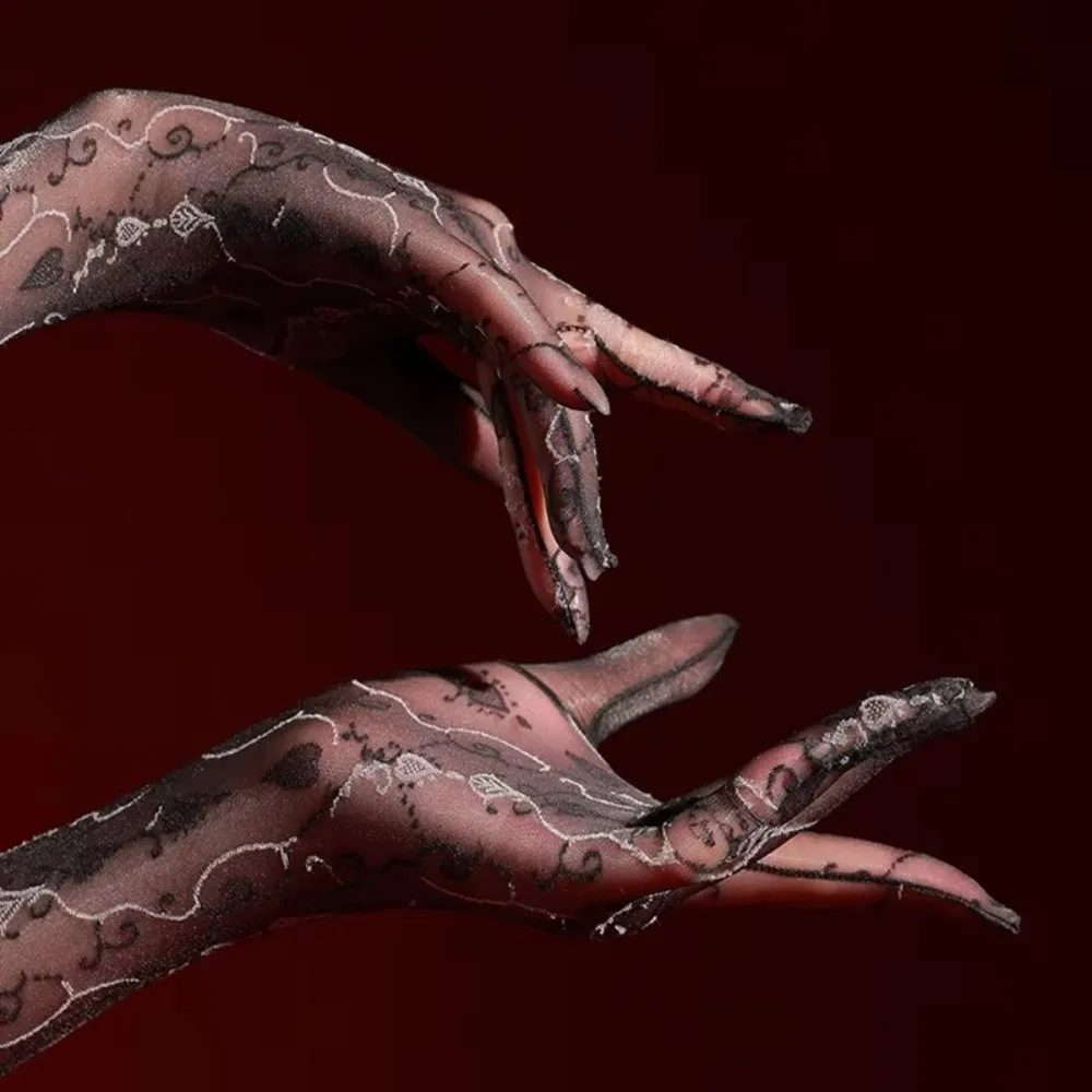 New Floral Five-Finger Glove Sexy Oil Shiny Ultra Thin Sheer Gloves Elastic Silky Smooth Jacquard Glove for Women