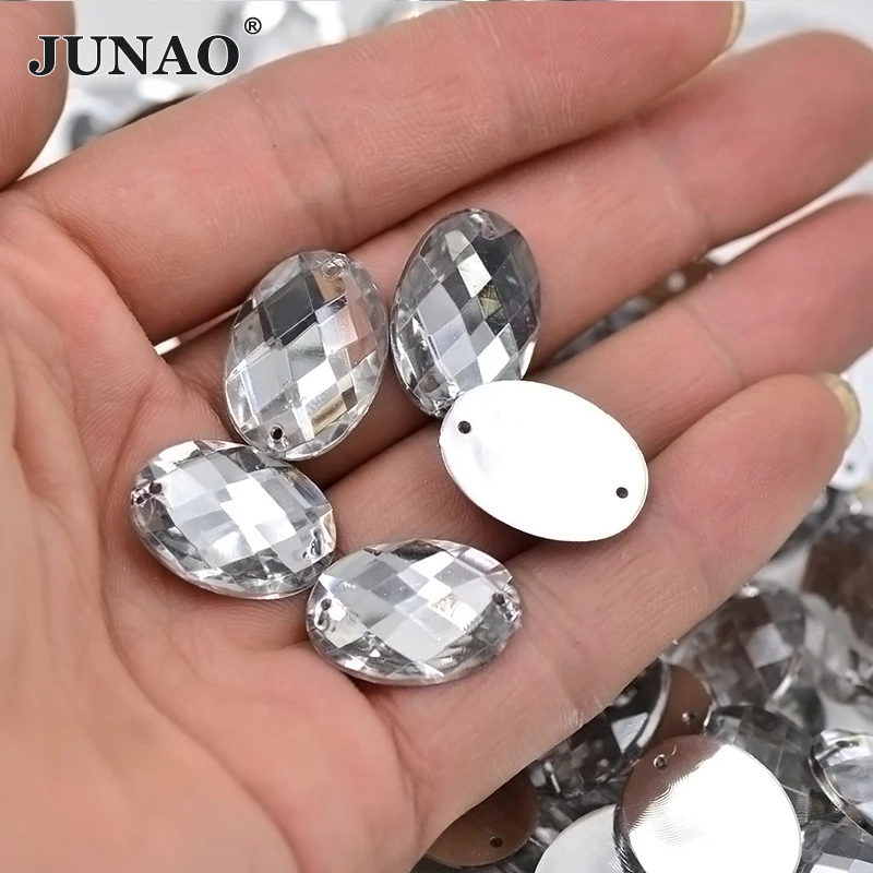 JUNAO 13*18mm 10*14mm Clear Sew On Oval Shape Rhinestones Flat Back Acrylic Crystals Stones Applique For Clothes Accessories