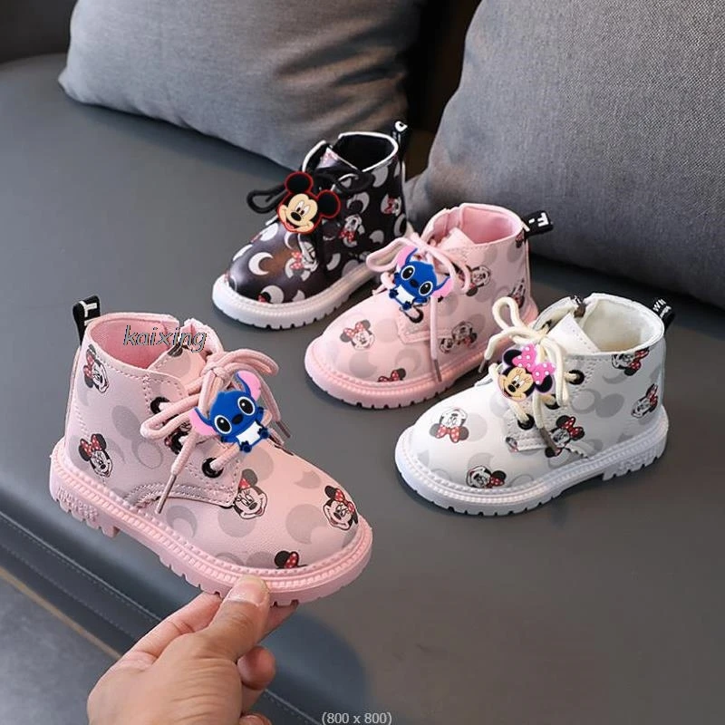 Lilo And Stitch Toddler British Spring Autumn Winter Children Boot Mickey Boys Girls Leather Boots Waterproof Non-slip Kids Shoe