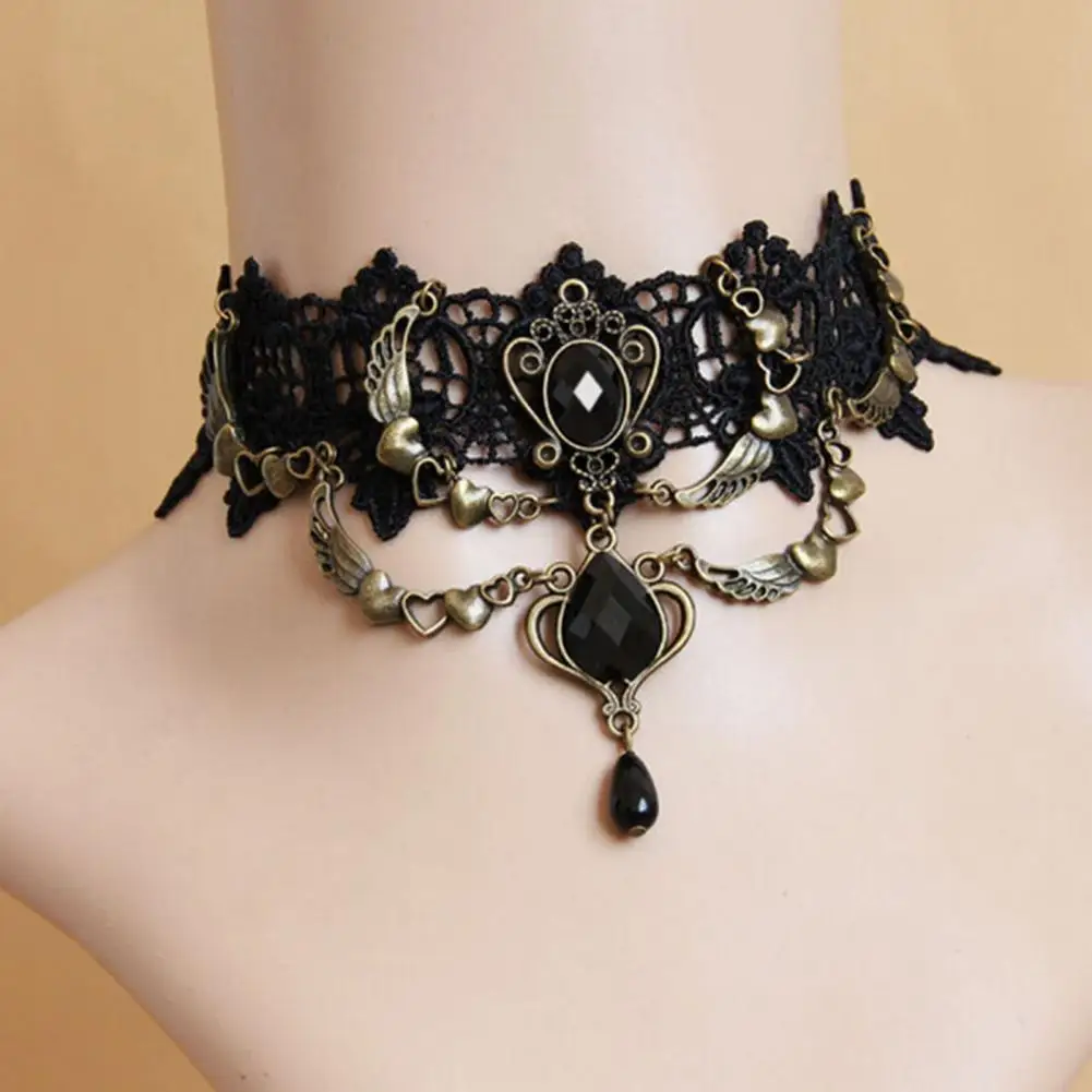 Faux Gem Black Lace Ring Bracelet Women Gothic Punk Style Necklace Bracelet Jewelry For Women Party Dress Up