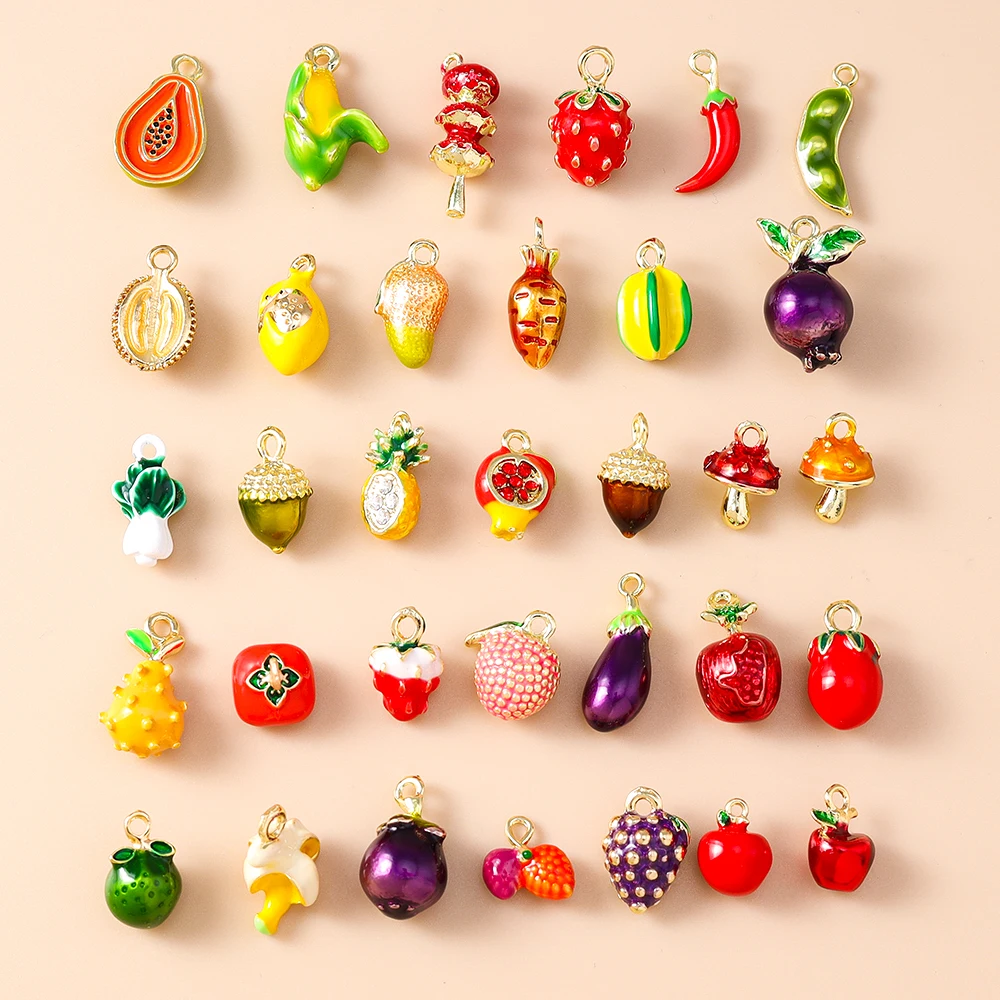 5 Stück Niedliche Gemischte Obst- und Gemüseanhänger: Kirsche, Traube, Mais - Emaille-Charms für DIY Schmuckherstellung, Halsketten und Ohrringe – Detail 2