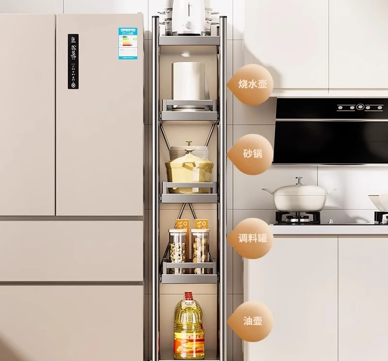 Storage, kitchen supplies, lockers, very narrow storage racks, trolleys