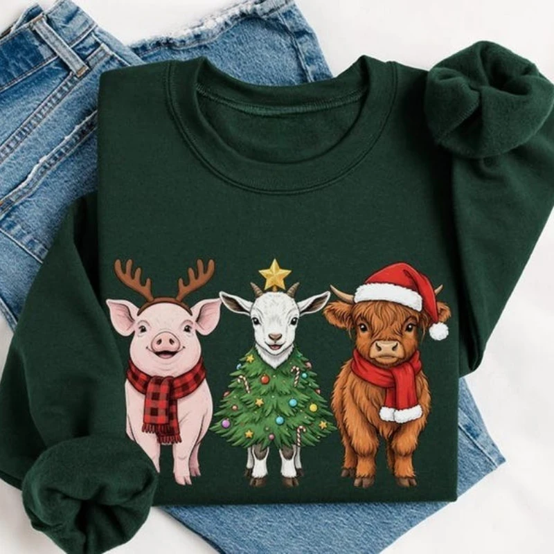 เสื้อสเวตเชิ้ตลายสัตว์เลี้ยงในฟาร์ม หมู แพะ วัวไฮแลนด์ คริสต์มาส ฤดูใบไม้ร่วงและฤดูหนาว ลายซานต้า ของขวัญสำหรับชาวนา ลายคริสต์มาส เสื้อฮู้ดเข้าชุด ของขวัญสไตล์ฟาร์มเฮาส์