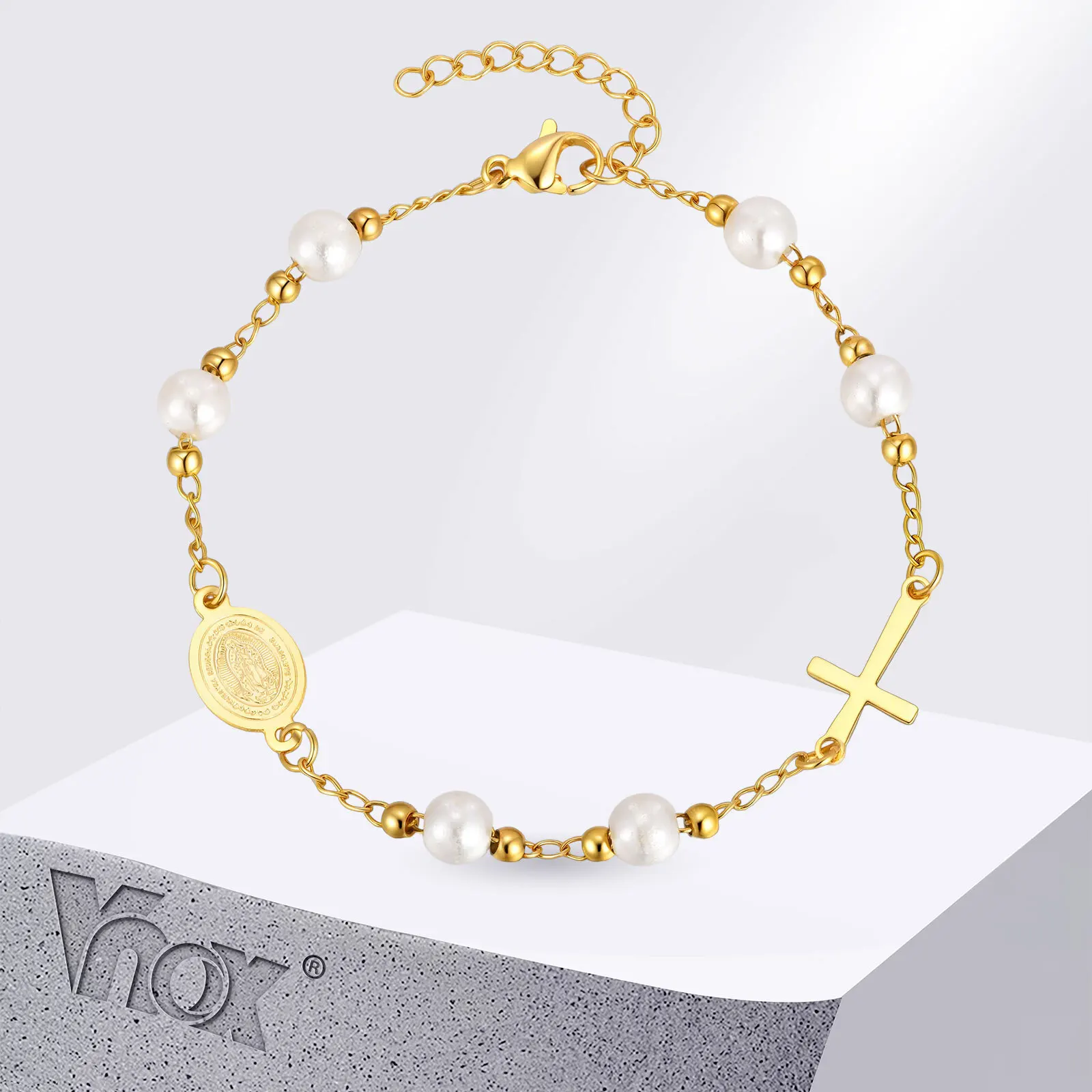 Vnox Metal Virgin Mary Saint Benedict Cross Bracelet, Stainless Steel Bead Pearl Chain Bracelets For Women Religious Jewelry