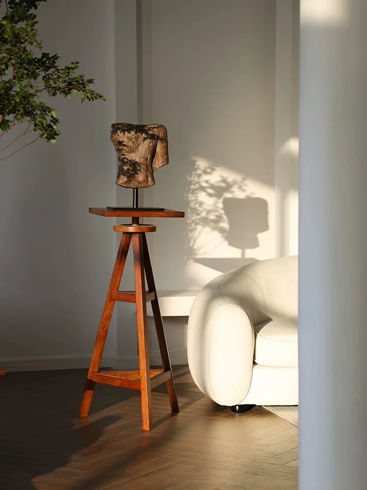 Medieval flower stand tripod solid wood base double-layer storage living room model house homestay floor sculpture table flower