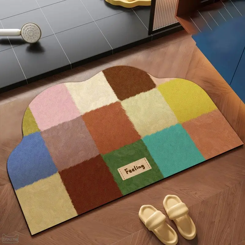 VIKAMA Cloud Shape Bath Mat Colorful Patchwork Plaid Feeling Letter Print Non‑Slip Absorbent Floor Mat Bathroom Home Decor
