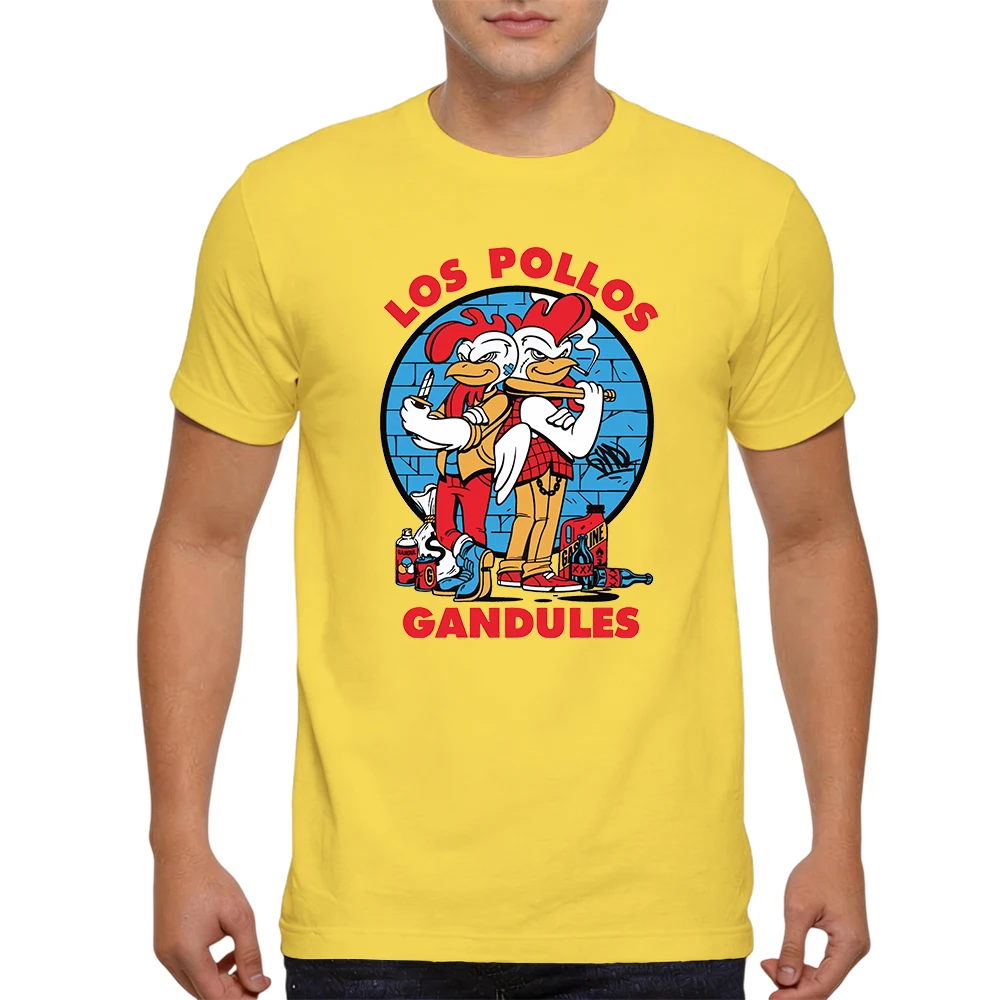 Mens 100% Cotton T Shirt Cartoon Gangster Chicken Character Round Brick Wall Graphic Print Breathable Short Sleeve Daily Wear
