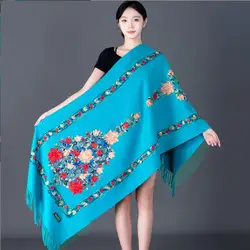 女性のためのカシミヤスカーフ、エスニックスタイルのラップ、暖かいスカーフ、花の刺繍の花のショール、暖かさ、贅沢なファッション