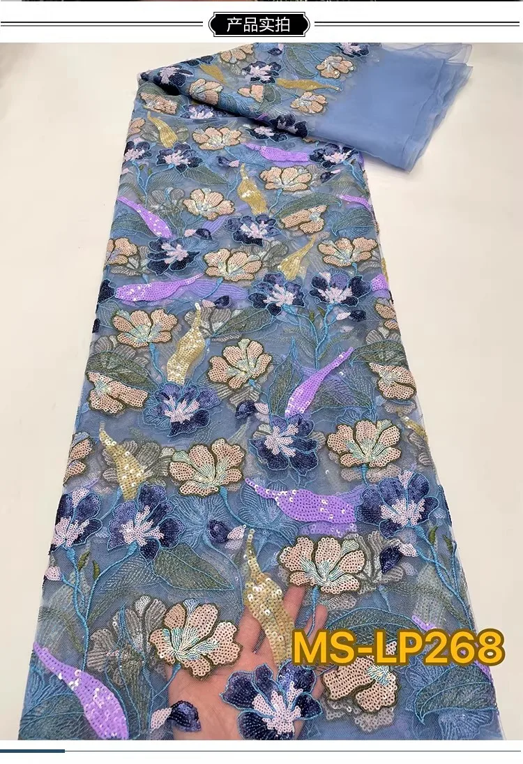 1yard Luxury Double color bead flower sequin embroidery tela Dress cheongsam diy sewing fabric New soft mesh fabric view 2