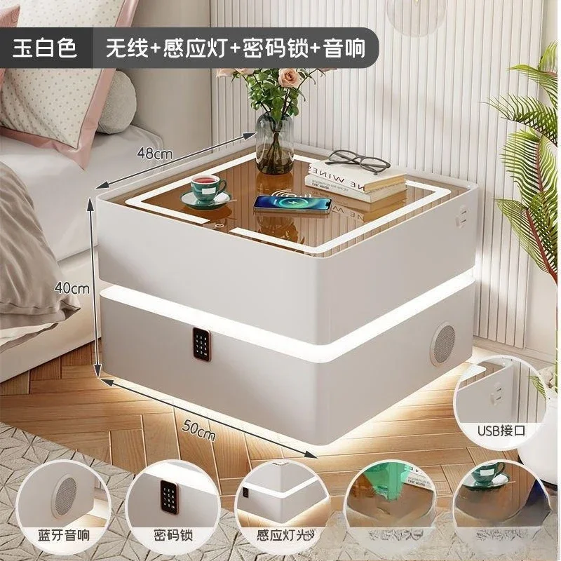 Bedroom home smart bedside table, rock slab solid wood multi-functional atmosphere sensor light, high-end light luxury su bedsid
