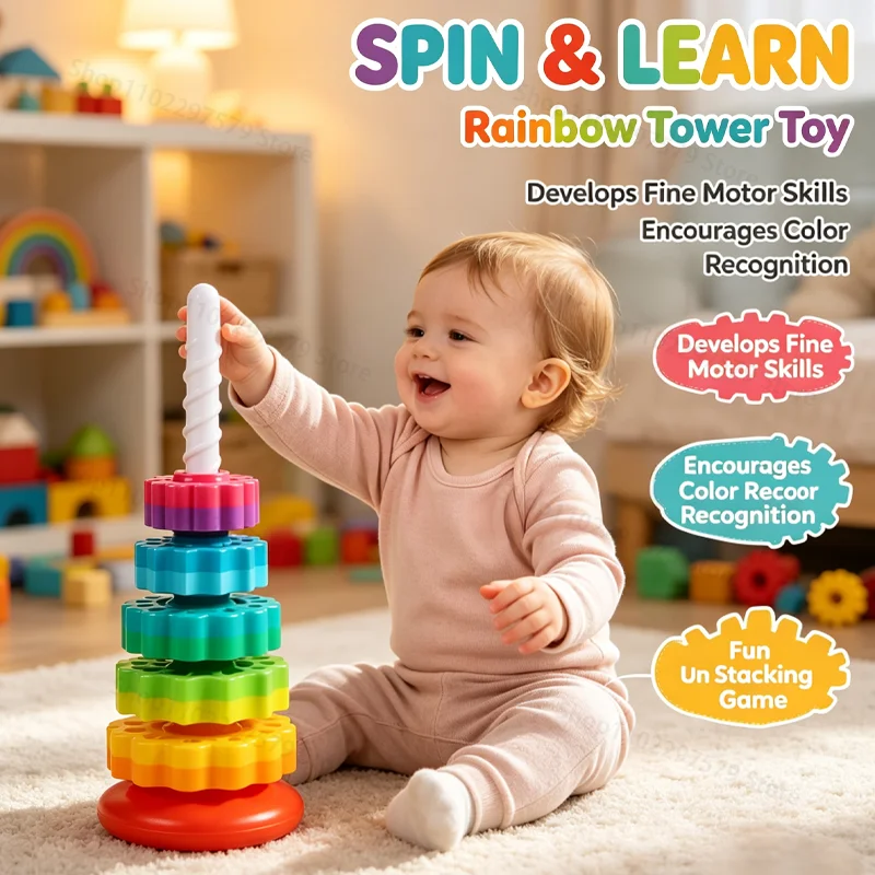 Spinning Stacking Rainbow Tower Montessori Toy Develop Hand Eye Coordination Motor Skills Early Play Game For 1‑3 Years Old Gift