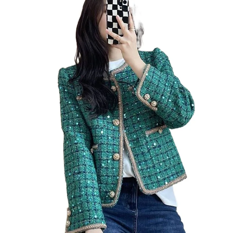 

Women's Peacock Green Thick Tweed Coat 2024 New Spring and Autumn Season Small Fragrant Short Top