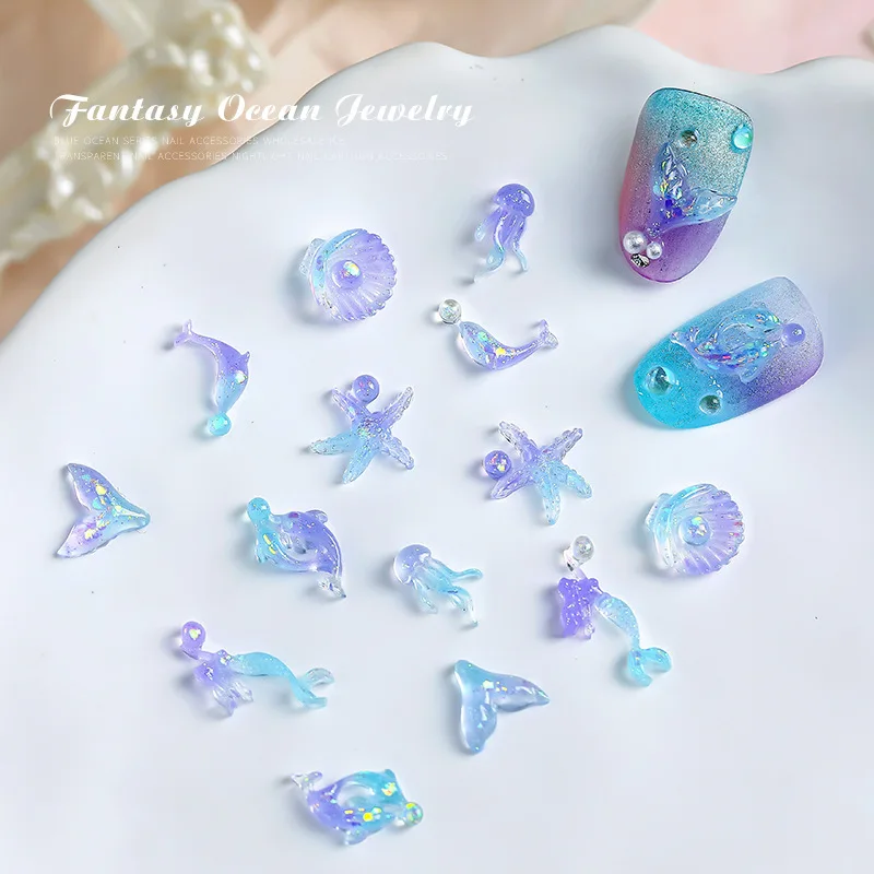 

50pcs Luminous Nail Accessories Ice Transparent Jellyfish Dolphin Shells Three-dimensional Dreamy Marine Resin Nail Accessories