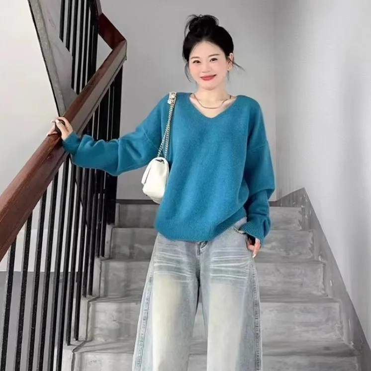 

Свободный синий длинный женский вязаный свитер V-Ne, повседневный осенний модный утягивающий топ, корейский ленивый сле