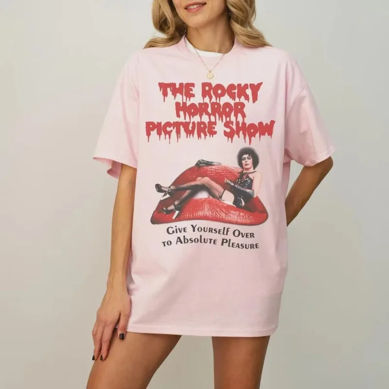 Women's Retro Rocky Horror Pattern T-shirt Round Neck Casual Men's and Women's Styles, Suitable for All Seasons