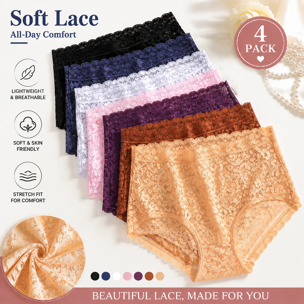 4PCS/SET Women Soft Lace Panties Breathable High Waist Underwear Hollow Sexy Lingerie Floral Solid Color Transparents Briefs New
