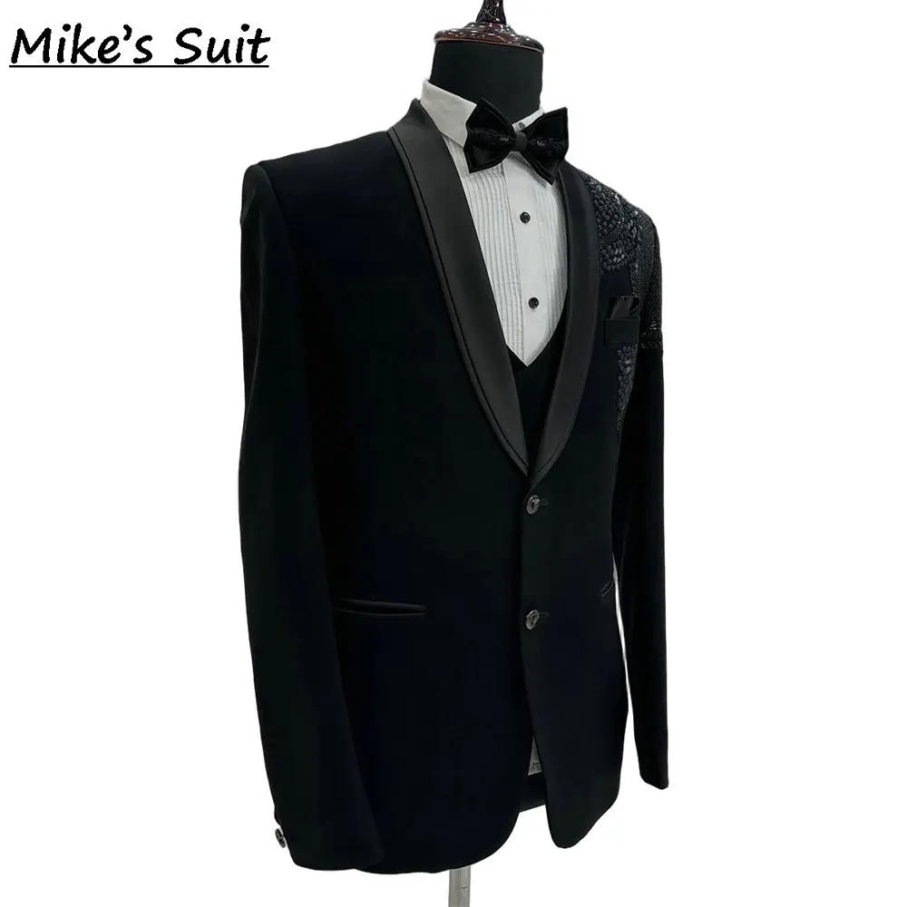 Black Handmade Beading Formal Men Suits For Prom Wedding Groom Tuxedo 2 Pieces Man Suit Jacket And Pants Custom Made