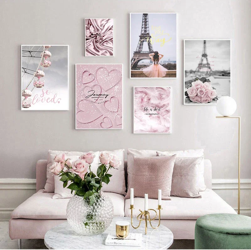 Romantische Frankreich Paris Rosa Blume Feder Leinwand Poster und Drucke Mädchen Skandinavische Liebe Wand Kunst Malerei Dekorative Bilder