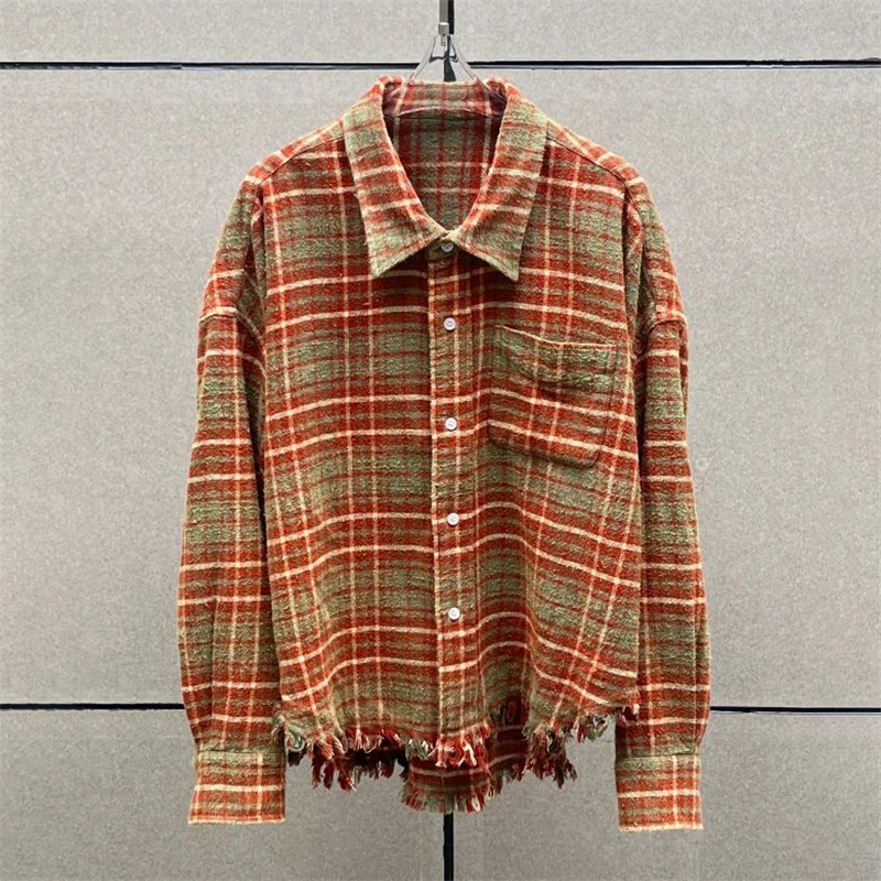 

Женская рубашка, новинка осени 2025 года, топ с длинными рукавами и лацканами с кисточками, высококачественная клетчатая женская блузка из чистого хлопка, асимметричное пальто