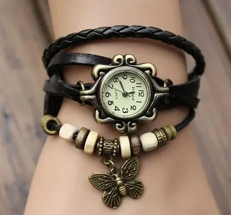 Women Fashion Leather Vintage Quartz Watch Multi Layer Handmade Bracelet Wristwatches Adjustable Length Couple Watch Accessories