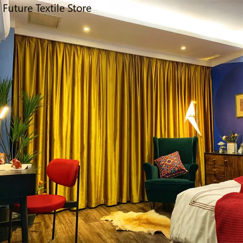 

New Golden Flash Velvet Thick Curtains for Living Room Bedroom Shading Restaurant Balcony Floating Window Villa Customization