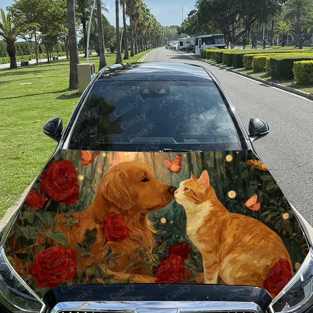 Eye-Catching Adorable Pet Pair Rose Car Cover Sticker, Auto Hood Decal, Car Exterior Scratch Resistant Decal, Trendy Gift for Ca