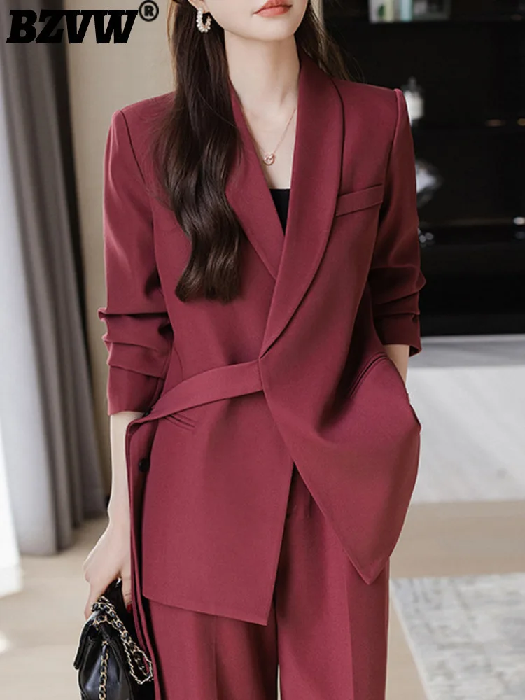 BZVW Office Lady Two-piece Set Women Notched Single Button Solid Color Blazer With Casual Wide Leg Pants 2025 Autumn New 25A1140