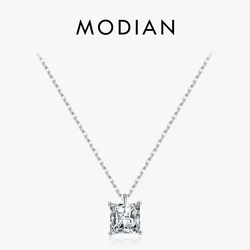 MODIAN 925 Sterling Silver Square Sparkling AAAAA CZ Pendant Necklace Platinum Plated Neck Chain for Wowen Weddng Fine Jewelry