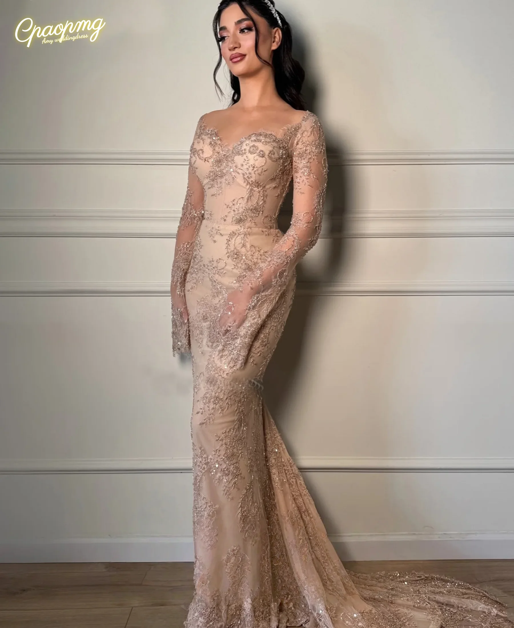 

Customized Pretty Sweetheart Champagne Prom Dress Mermaid with Full Sleeves Sequin Women Evening Dress Formal Wedding Gown