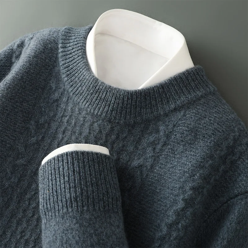 100% Pure Wool Sweater Men's Round Neck Thick Twisted Knit Bottoming Shirt Business Casual Winter Wool Pullover