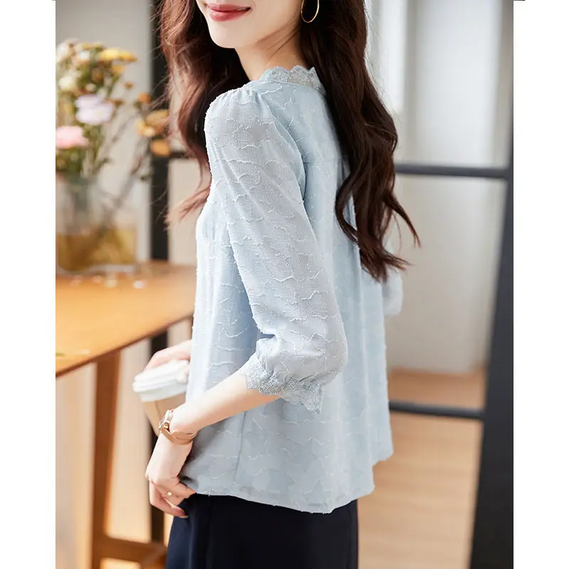 Three Quarter Sleeved V-neck Chiffon Pullover Tees for Women Summer Clothes V-Neck Splicing Lace Grayish Blue Loose Straight Top