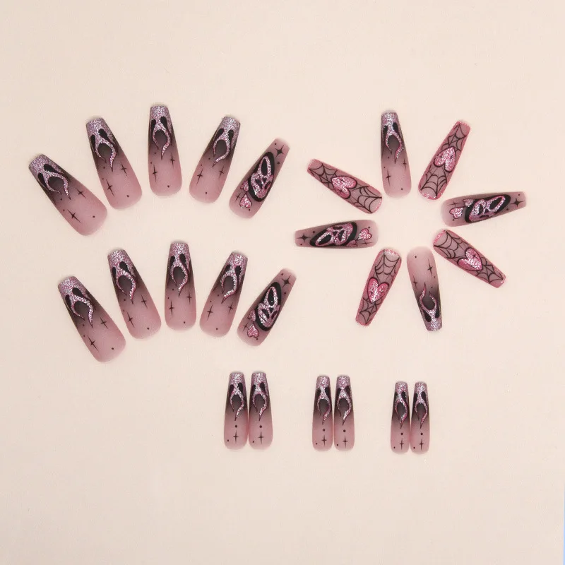 24 piezas uñas postizas con brillantina rosa y lentejuelas, diseño de Halloween con calaveras y corazones, estilo ballet europeo 3