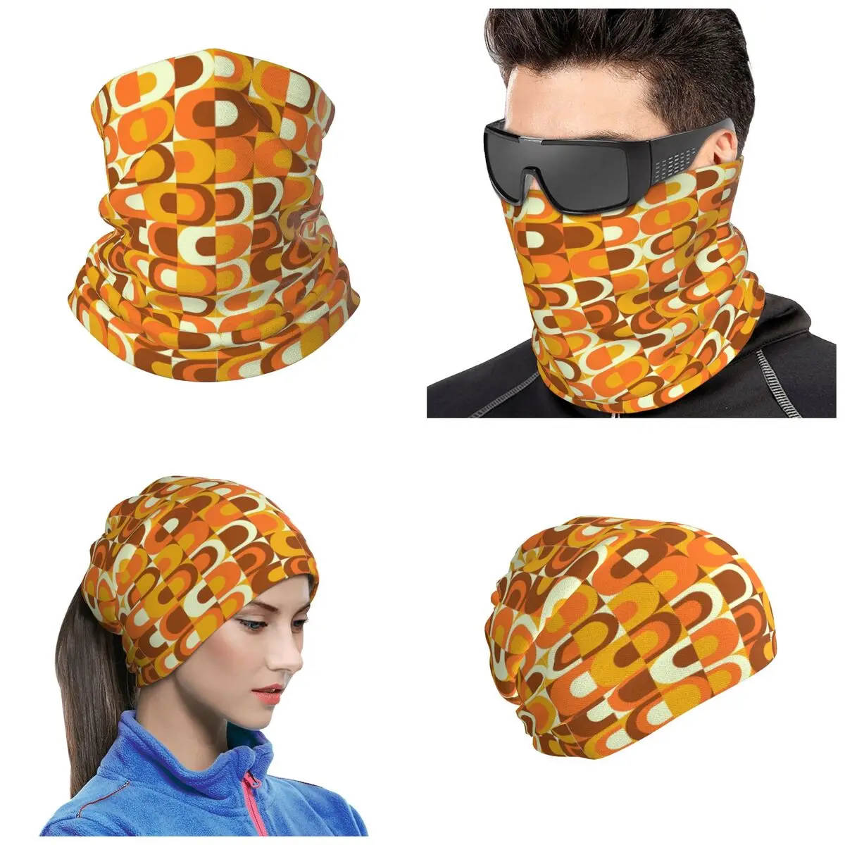 70s In Orange And Brown Tones Bandana Neck Gaiter Printed Magic Scarf Outdoor Sports Balaclava For Men Women Adult Breathable