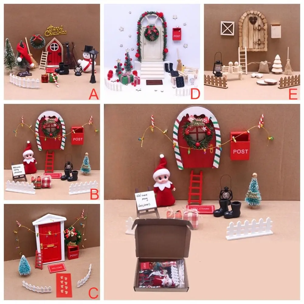 String Hat DollHouse Elf Kit Mini Tree Miniature Scene Fairy Toy House Scene Model Wreath Miniature Elf Door Christmas Decor